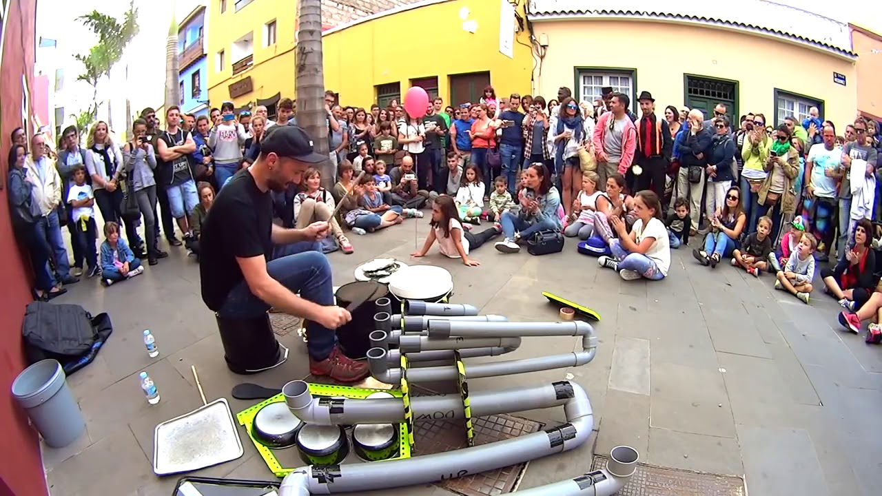 Amazing Street Musician Bucket Pipe Drummer