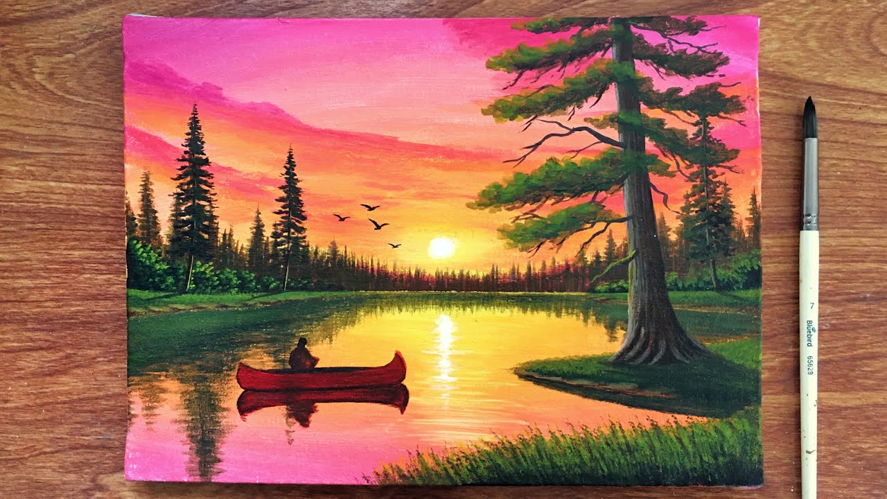 Pink Sunset Landscape Painting for beginners | Acrylic Painting Sunset | Canvas Painting