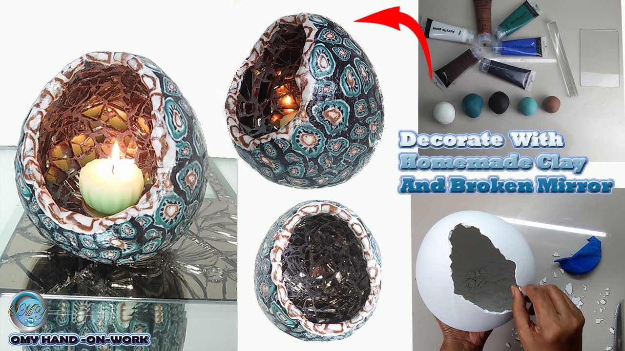 Making Candle Holder Use White Cement And Balloon | Decorate  With Homemade Clay And Broken Mirror