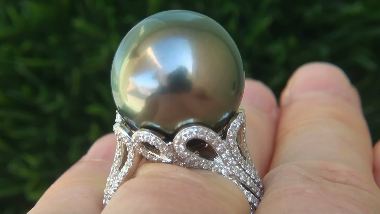 GIA Certified 18.09 MM Natural Tahitian South Sea Pearl Diamond PLATINUM Estate Ring - C795