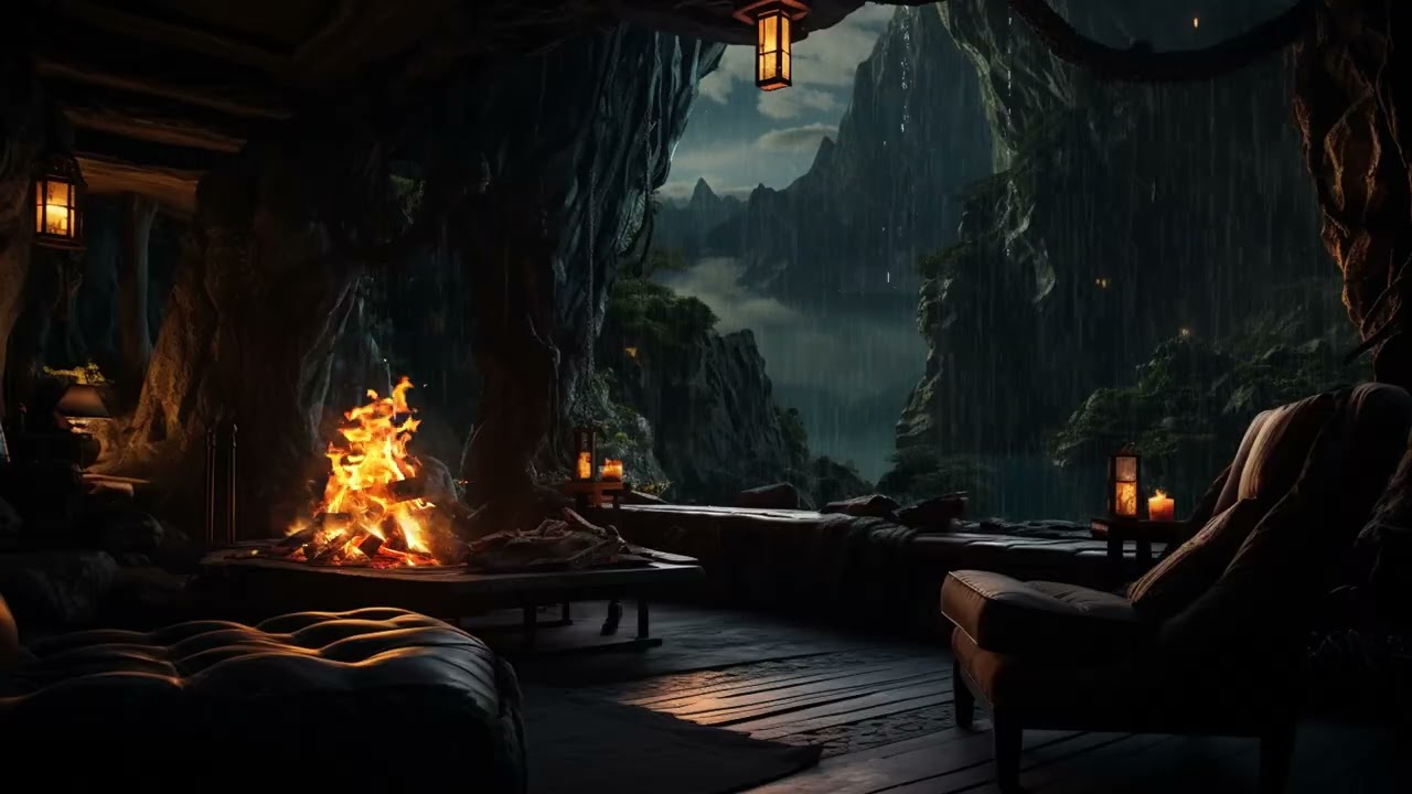 Forest Rain and Fireplace Ambience in Cave Sanctuary for 3 Hours of Focus