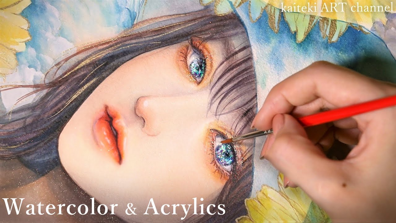 水彩イラスト💎セリアの素材で宝石みたいな目/ひまわり　 Semi realistic watercolor illustration | How to make shining jewel eyes