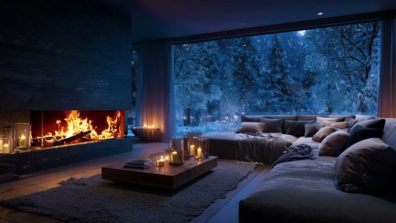 Cozy Winter Night – Fireplace Crackling and Snowfall Sounds for Deep Sleep & Christmas Relaxation
