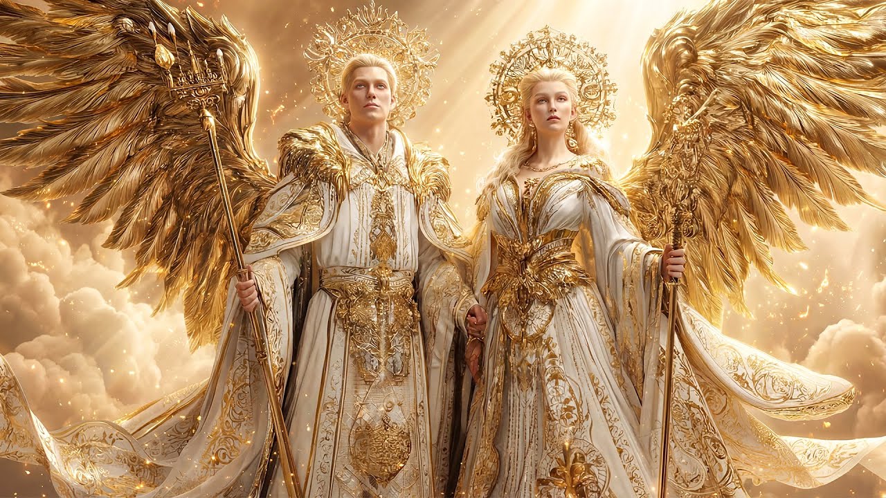 Ethereal Rulers: Majestic Angels in Golden Light, Defenders of the Divine Palaces of Heaven