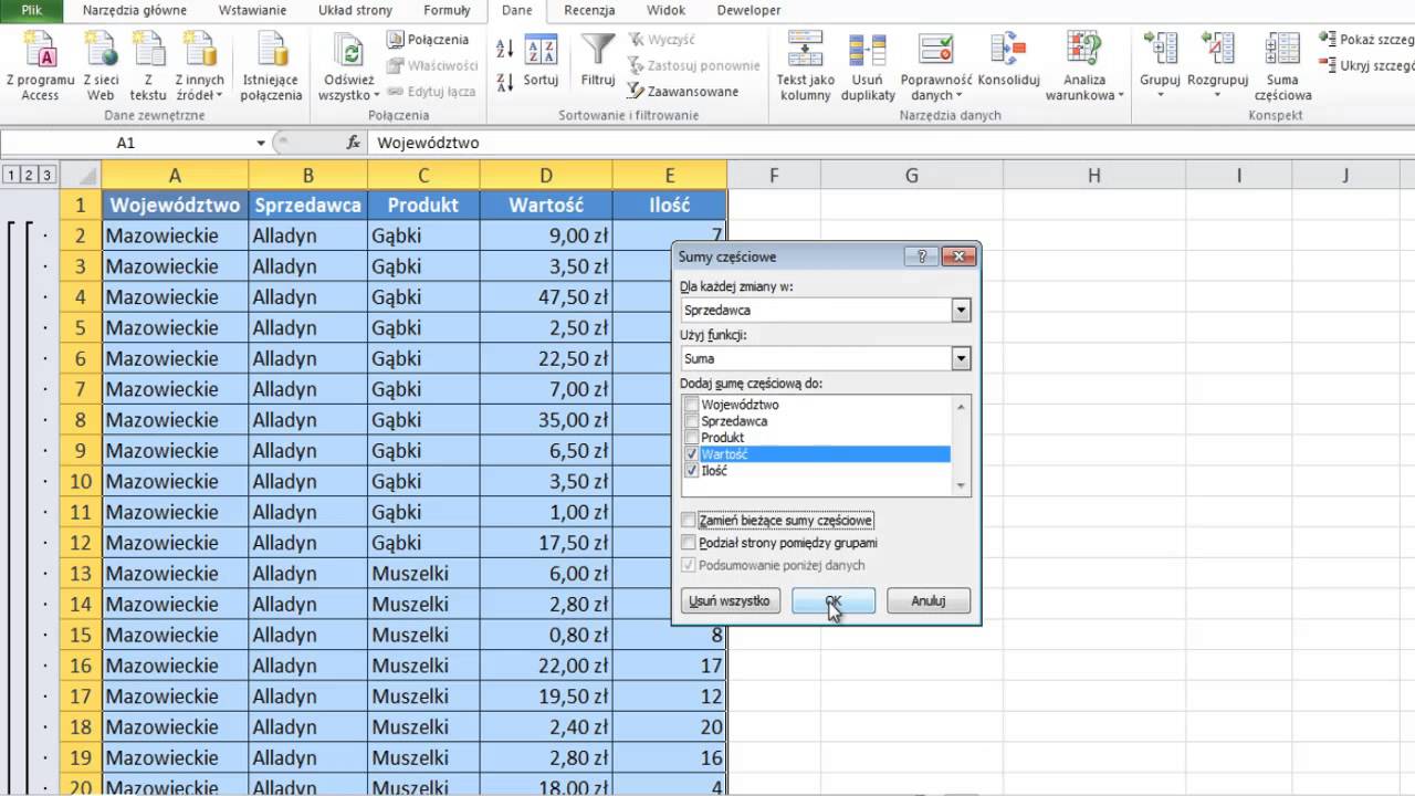 Excel - Sumy częściowe funkcjonalność do grupowania - porada #124