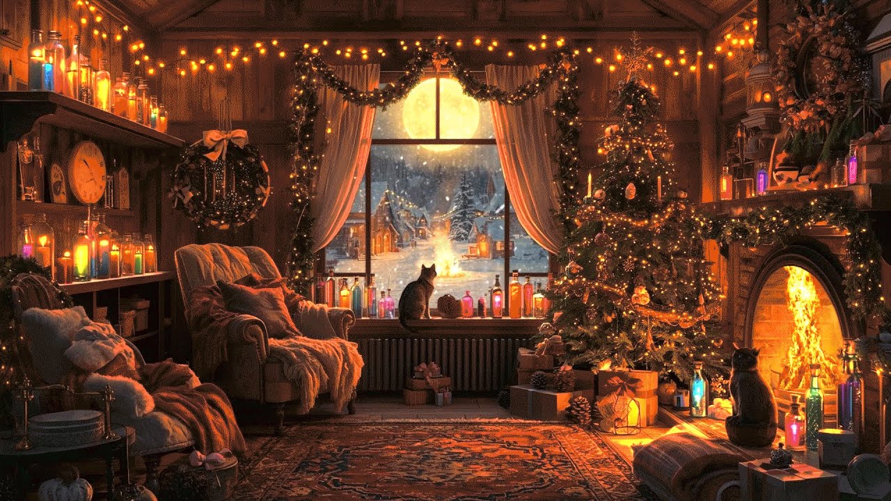 Winter Shelter Ambience | Enchanted Fireplace Fire Sounds & Black Cats | Cozy Christmas Camping