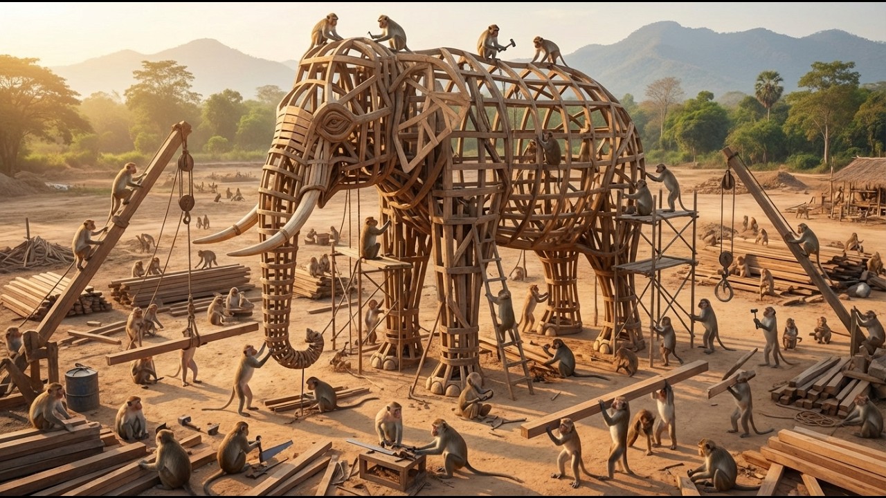 Indian Monkeys Building a Giant Elephant Shape (4K)