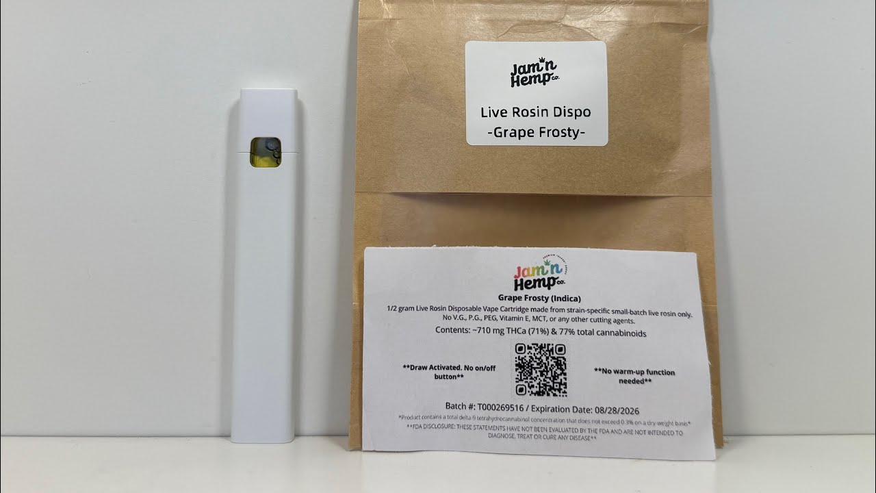 Jam N Hemp Co THCA Live Rosin Half Gram Grape Frosty Disposable Indica Yeat Style