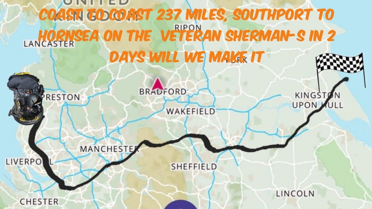 Sherman-S southport to Hornsea 230 miles in 2 days on electric unicycle, transpenine trails