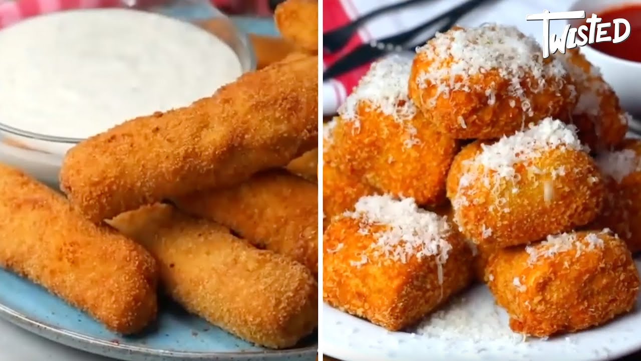 Bitesize cheesy snacks perfect for parties! | Twisted | Chicken Alfredo Mozzarella Sticks!