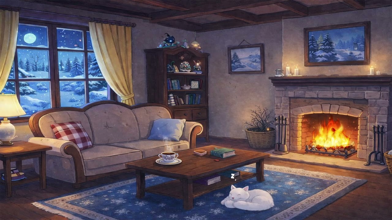 Relaxing snowfall on a warm night with vintage oldies playing in another room 