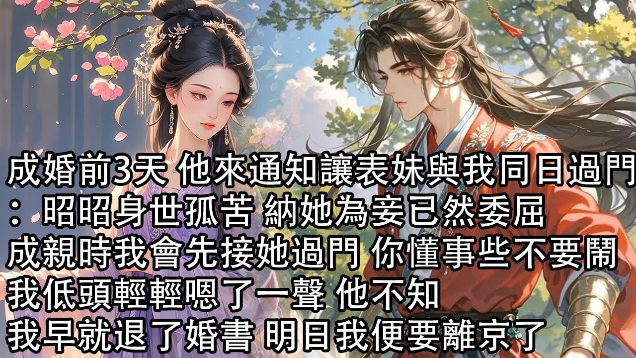 【一口氣看完】成婚前3天 他來通知讓表妹與我同日過門：昭昭身世孤苦 納她為妾已然委屈，成親時我會先接她過門 你懂事些不要鬧，我低頭輕輕嗯了一聲 他不知，我早就退了婚書 明日我便要離京了
