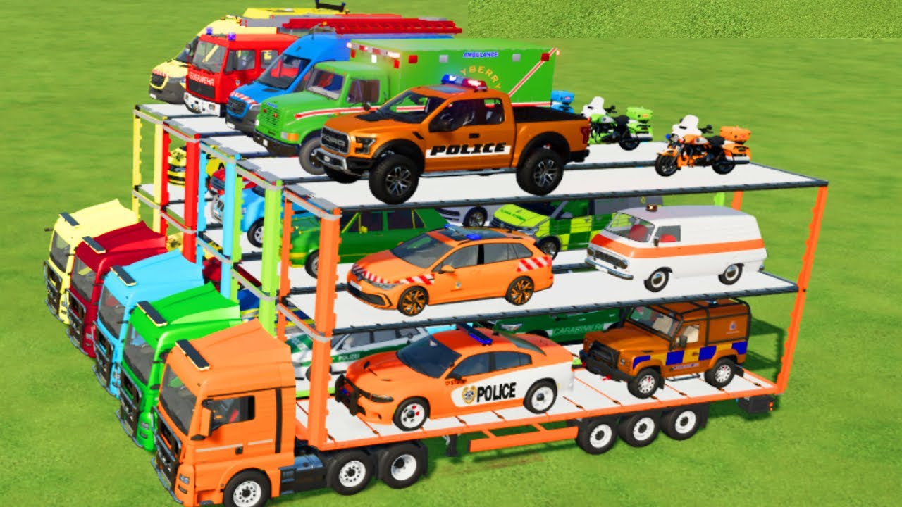 LOAD & TRANSPORT AMBULANCES, FIRE TRUCK, POLICE CARS, MOTORBIKE, JEEP, PICKUP - Farming Simulator 22