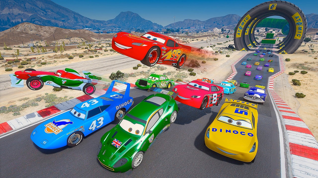 Pixar Cars Insane Cars Race   McQueen The King Storm Cruz Chick Hicks & Legends on Dangerous Tracks