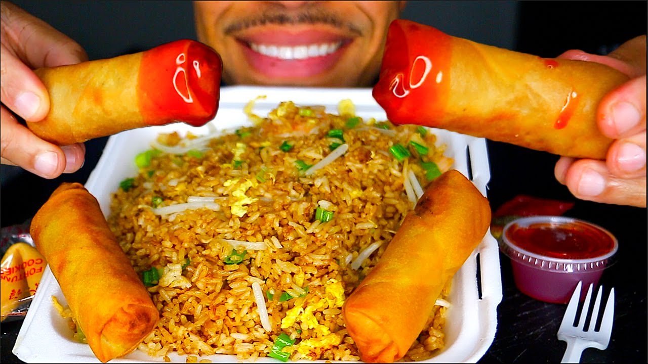 ASMR | CHINESE SHRIMP FRIED RICE MUKBANG SPRING ROLLS CRISPY EATING MOUTH SOUNDS NO TALKING