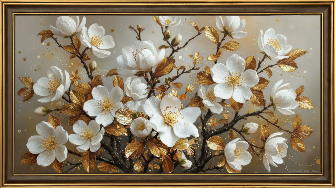 Golden White Blossoms, Luxury Floral Frame TV Art 4K | 8Hr