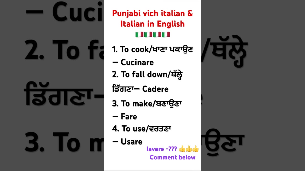 Cook/fall down/make/use in italian in punjabi 