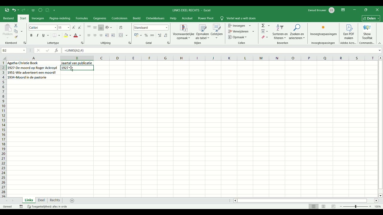 Excel tutorial over LINKS, DEEL en RECHTS