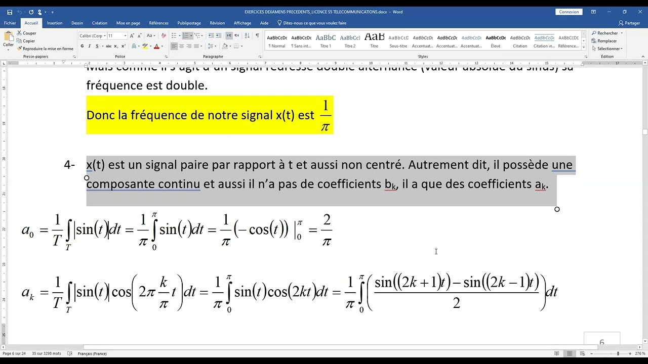 Exercice avec solution série de Fourier et calcul d'énergie et puissance