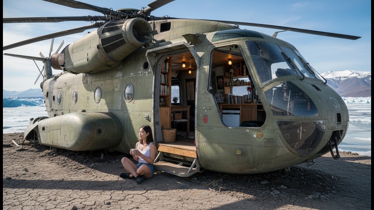 Building a Dream House Inside an Abandoned CH 53 Sea Stallion Helicopter near a Frozen Glacier Lake
