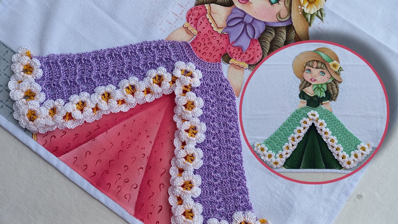 SAIA DE CROCHÊ PARA BONECA PINTADA NO PANO DE PRATO - parte 02 - pintura