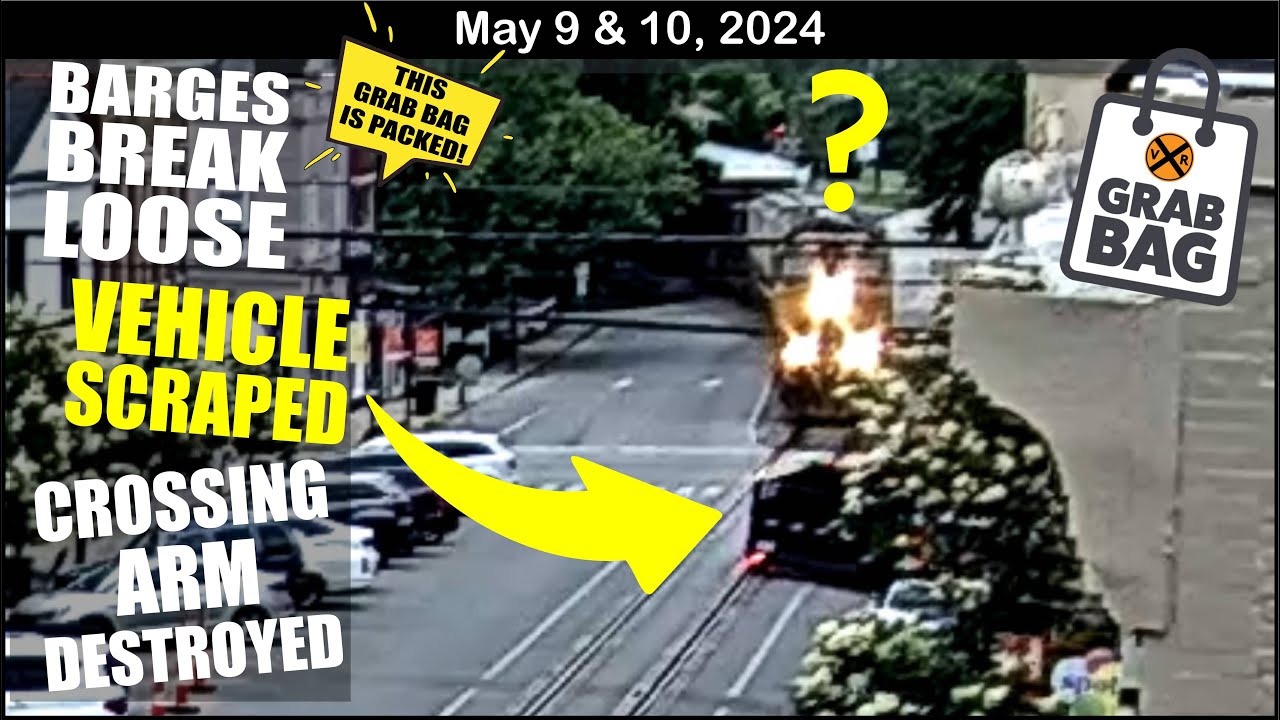 BARGES BREAK LOOSE, VEHICLE SCRAPED BY ENGINE, CROSSING ARM DESTROYED BY TRUCK & ENGINE!