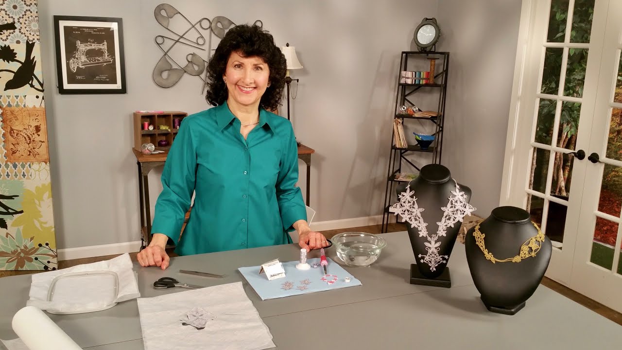 Joanne Banko creates machine embroidered lace jewelry on It's Sew Easy TV show 1603