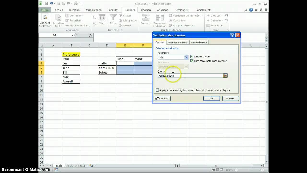 EXCEL - Liste - Validation de donn&eacute;es