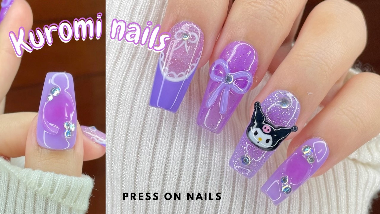 Uñas Kuromi 3D 💜🖤 PRESS ON NAILS FACIL DE HACER/Tutorial arte de uñas SANRIO/Uñas lindas de gel 💅🏻