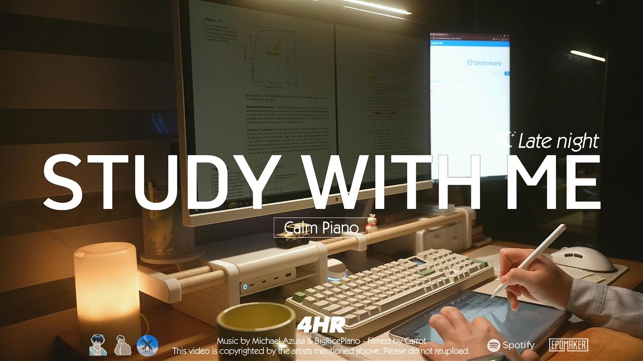 🥕4-HOUR STUDY WITH ME  Late night🌙 | 🎹Calm Piano, Rain Sounds | Pomodoro 50-10, Epomaker RT100Pro