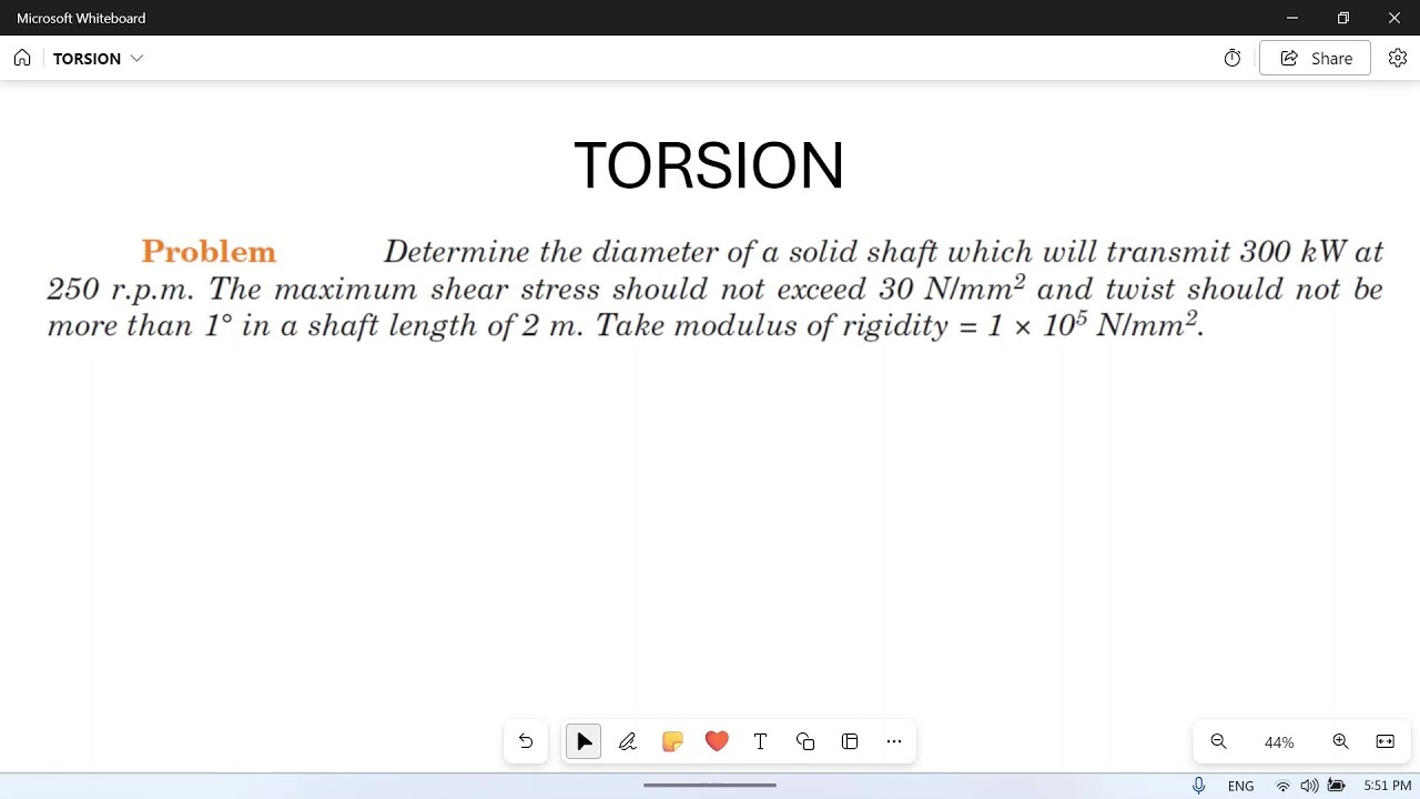 Torsion in shafts: 06 : Numerical problem: Twist and stress limit in shaft