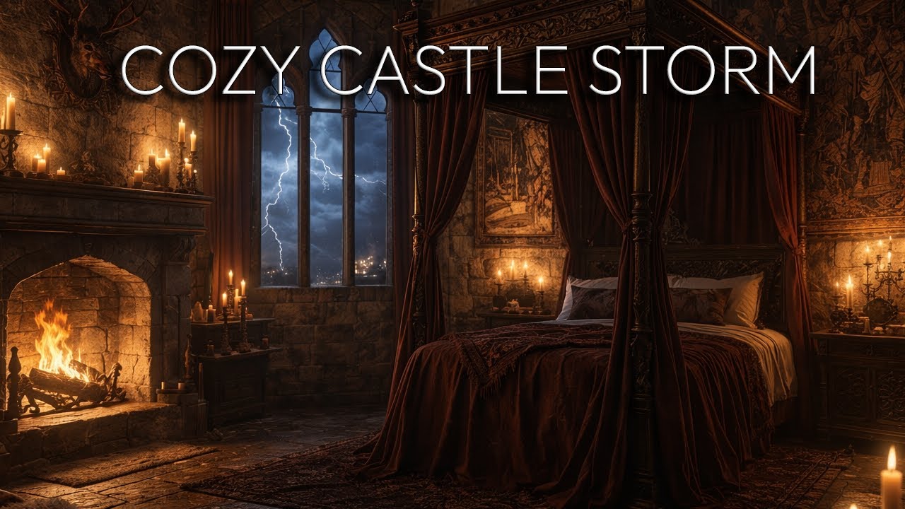 Medieval Castle Storm 🏰 Royal Bedroom Ambience | Harp Music & Fireplace for Sleep