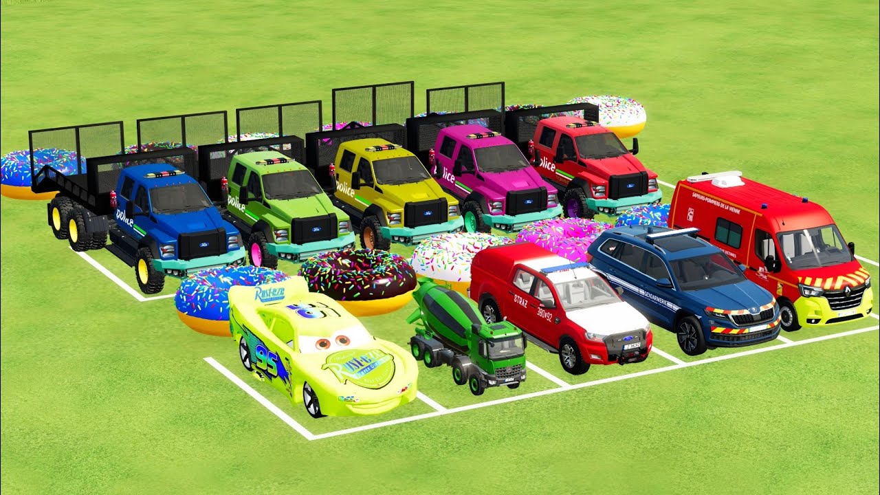 TRANSPORTING FLATBED GO GO MCQUEEN, AMBULANCE MERCEDES, SMALL MIXER TRUCK POLICE CAR VOLKSWAGEN #782