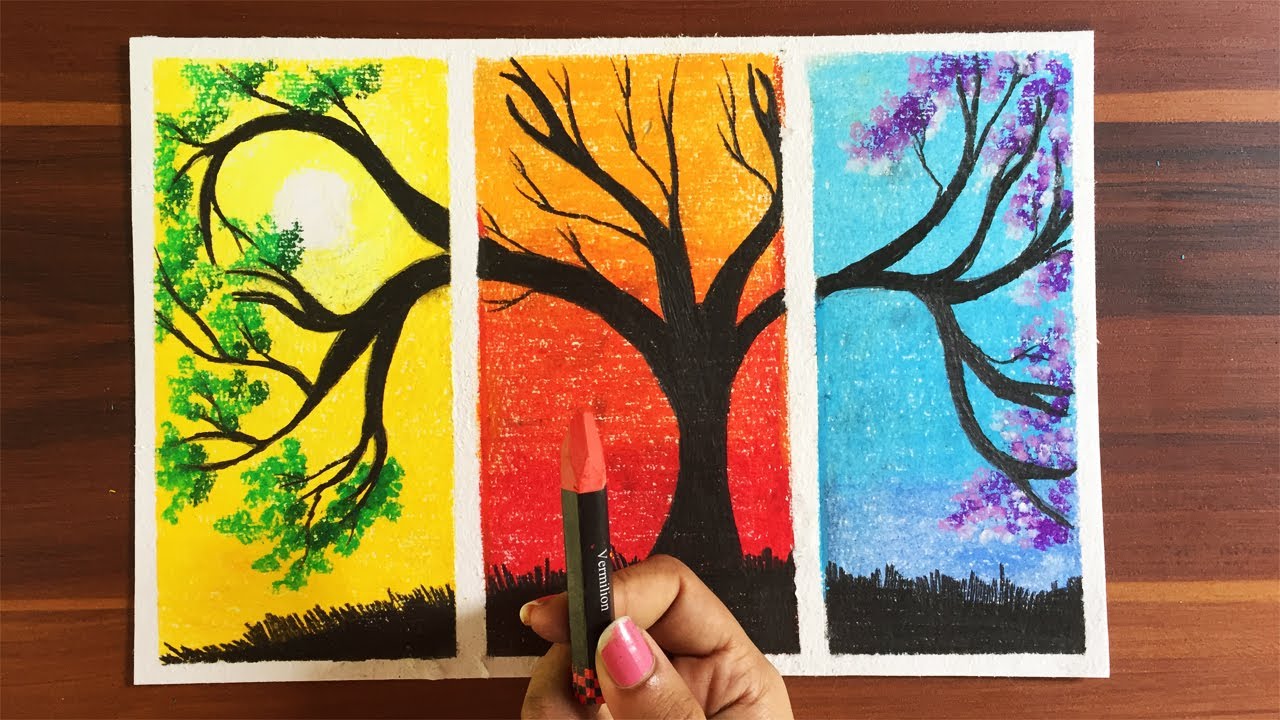 A Tree In Three Season Drawing / Easy Oil Pastel Drawing for Beginners / Pastel Drawing Easy