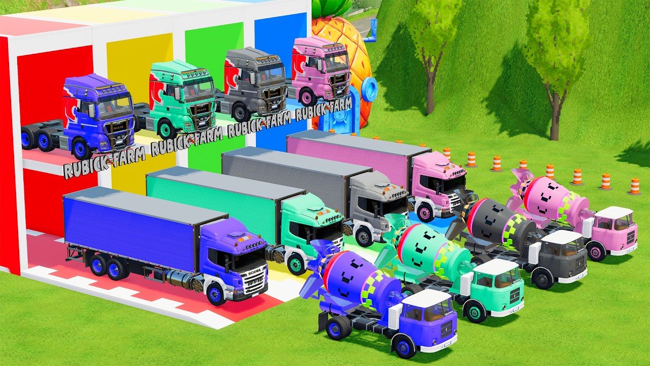 Garage with Colors - ALL MIXER TRUCK WITH DOUBLE FLATBED TRAILER TRUCK, MAN, SCANIA, LIZARD