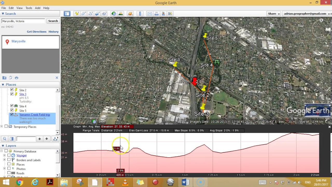 Paths and elevation profiles in Google Earth