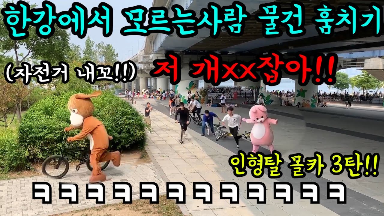 [Eng sub]인형탈쓰고 한강에서 시민들 물건훔치기 doll mask a food steal frank