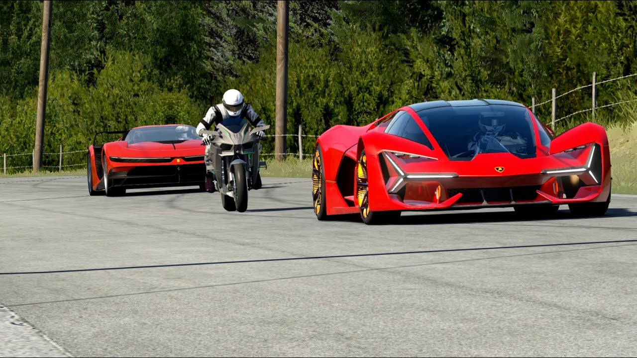 Ferrari F42 Concept vs Kawasaki Ninja H2R vs Lamborghini Terzo Millennio at Old SPA