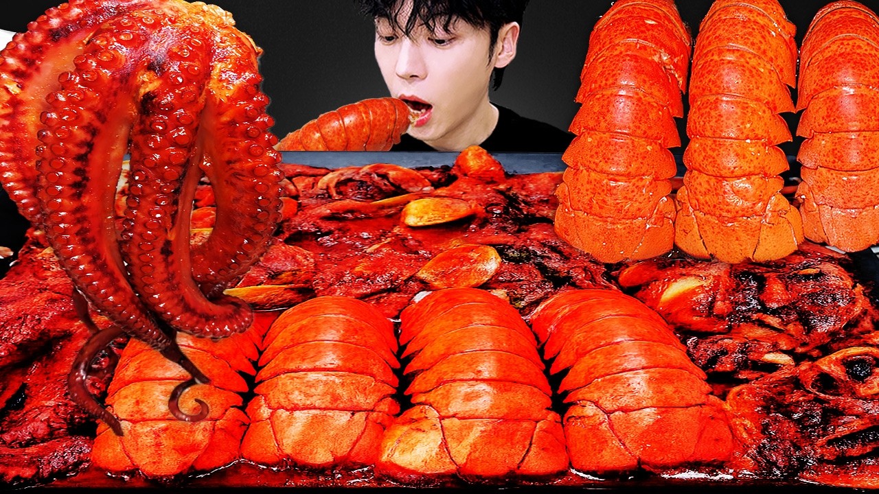 ASMR MUKBANG | Домашние морепродукты гигантский лобстер (Осьминог,острая лапша,грибы,кальмар,рецепт)