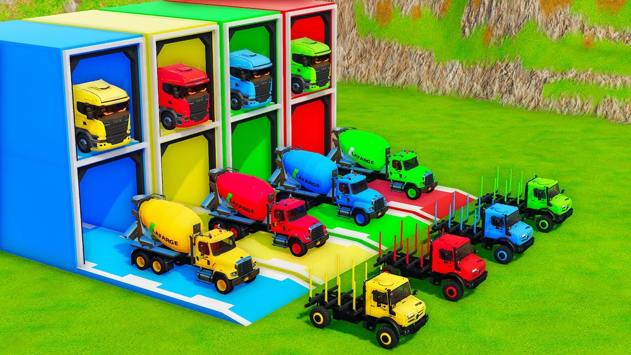 Garage with Colors - ALL MIXER TRUCK WITH DOUBLE FLATBED TRAILER TRUCK, IVECO, SCANIA, CLAAS - FS22