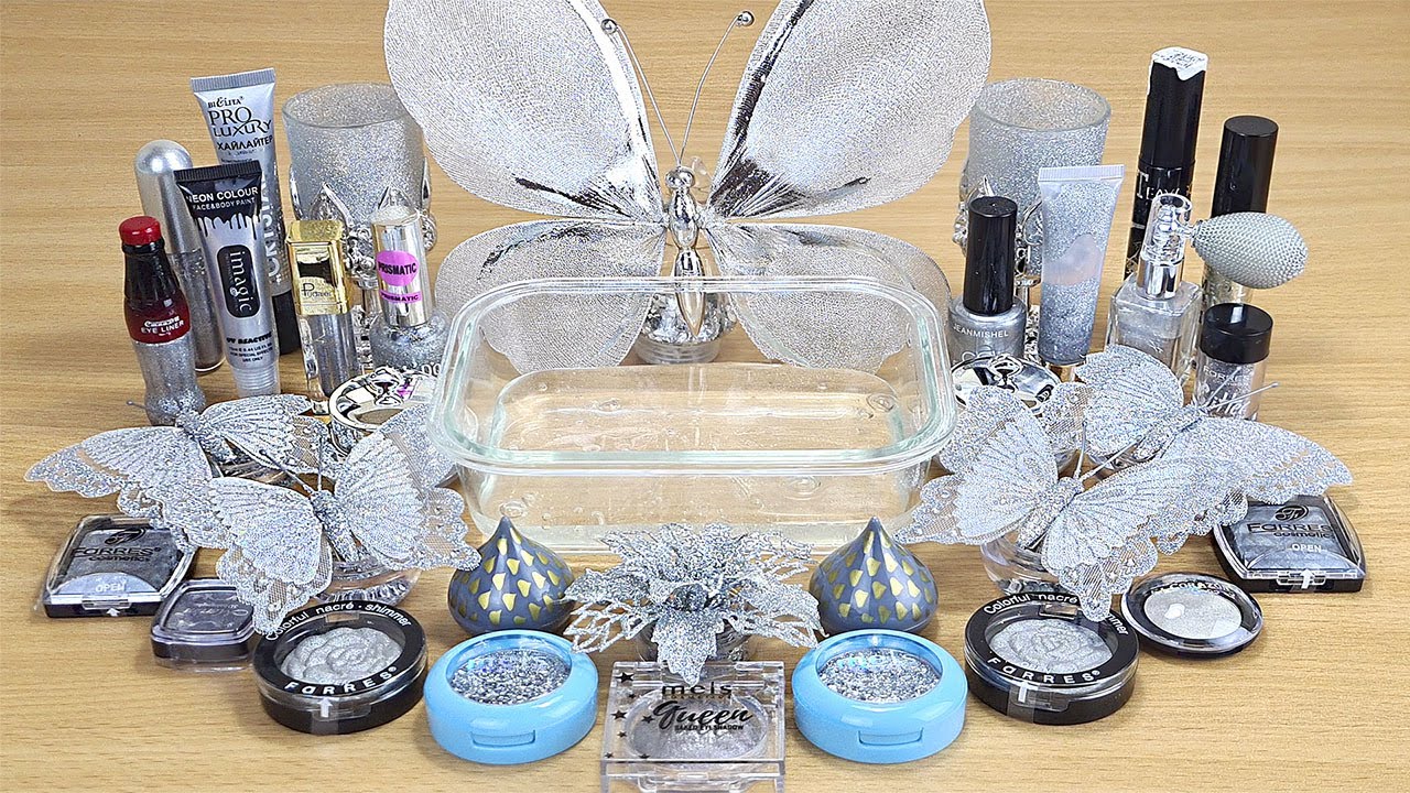 Silver BUTTERFLY SLIME Mixing makeup and glitter into Clear Slime Satisfying Slime Videos