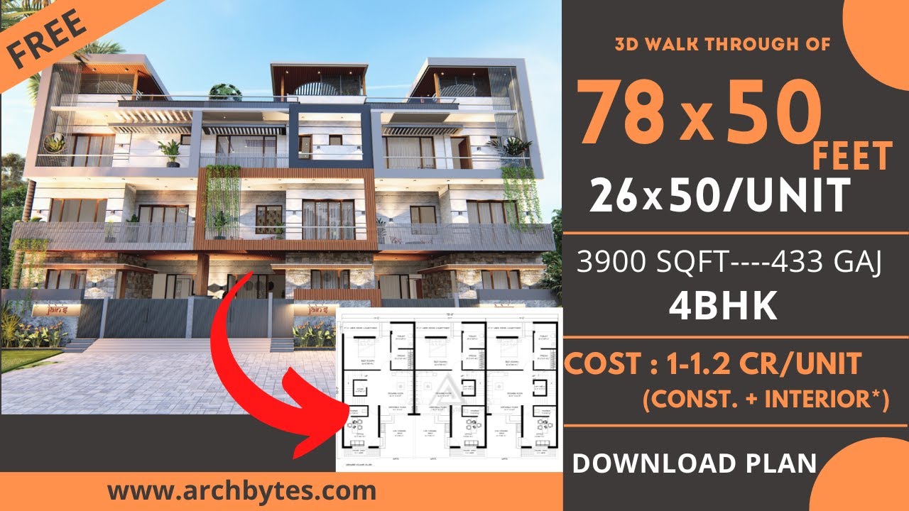 78x50 House Design (26X50 Feet Single Unit ) - 4BHK House Plans | 24X15 Meters | 433 Gaj | ArchBytes