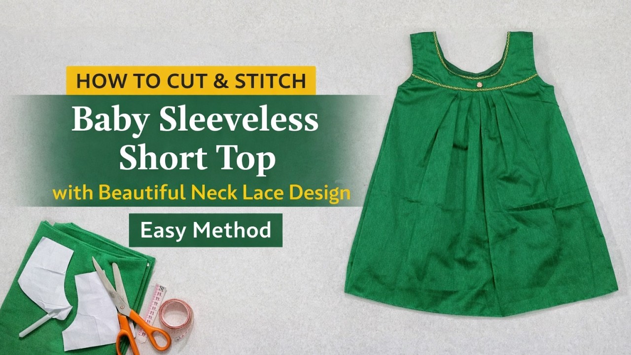 How to Cut & Stitch Baby Sleeveless Short Top with Beautiful Neck Lace Design | Easy Method Full