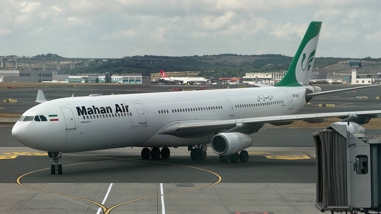 Mahan Air A340-300 pushback, takeoff, landing and taxi Istanbul to Tehran IKA amidst the Iran War