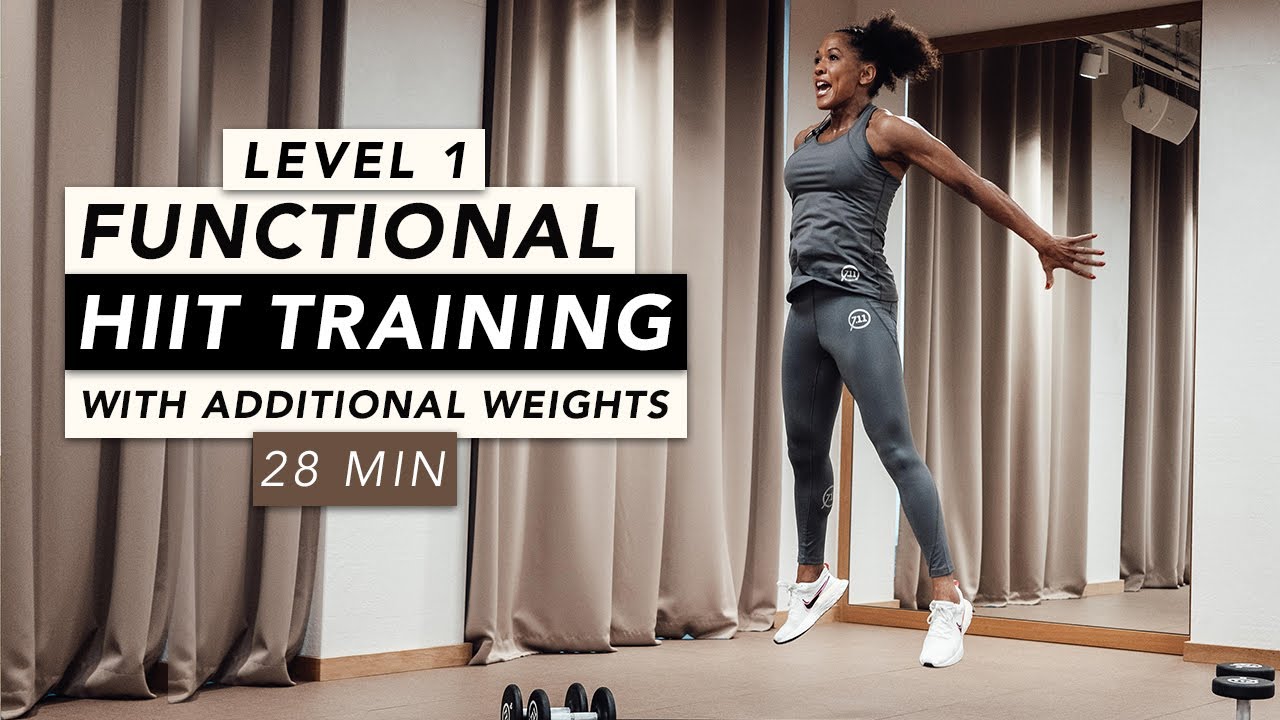 HOME WORKOUT // 28 MINUTES FUNCTIONAL HIIT TRAINING WITH WEIGHTS LEVEL 1 // REBECCA BARTHEL