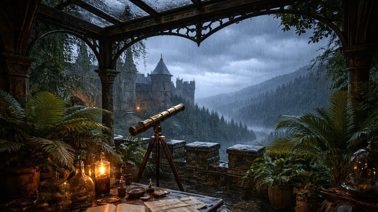 The Royal Botanist's Terrace | 4K Rain on Glass Roof & Forest Storm Ambience