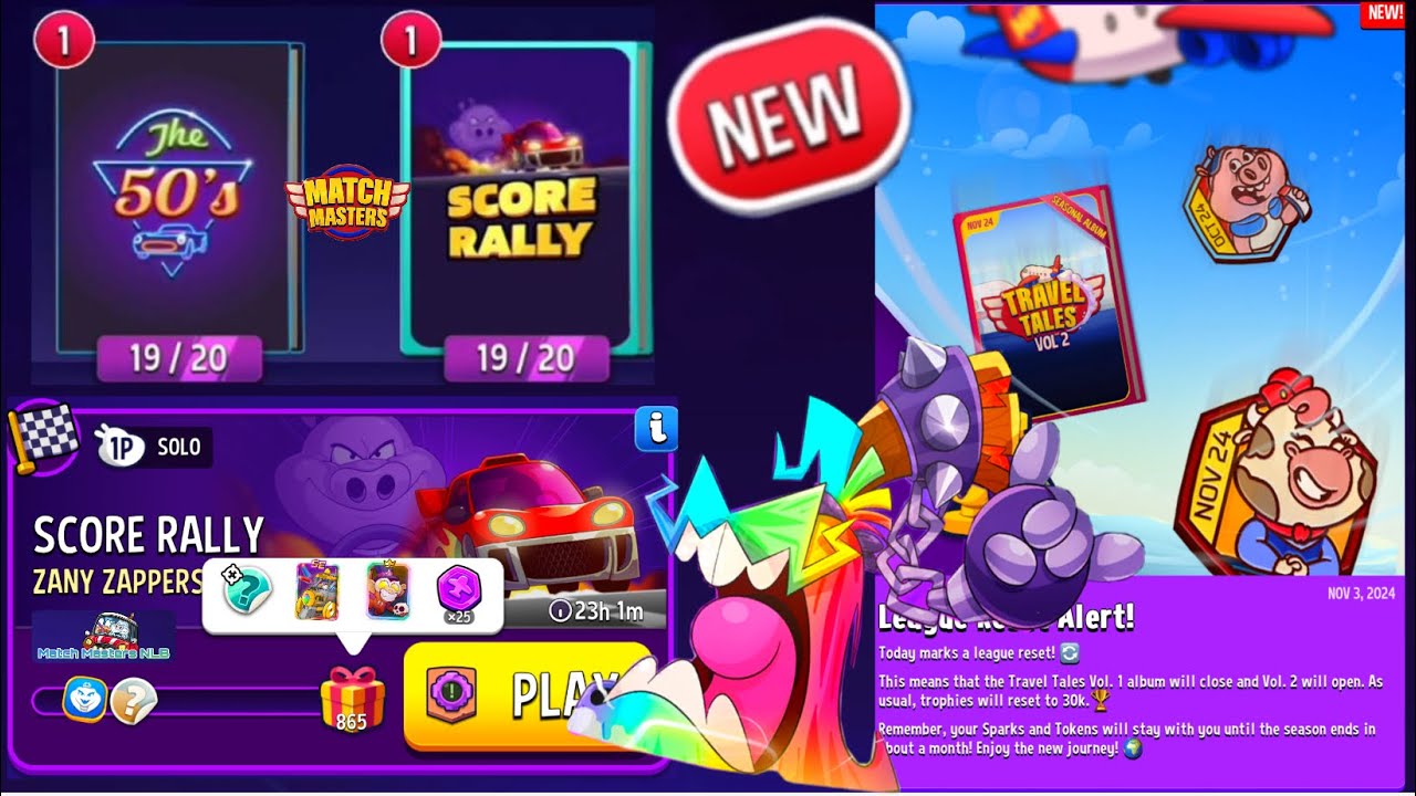 Score Rally ZANY ZAPPERS 865 points Solo Challenge Match Masters Albums Complete