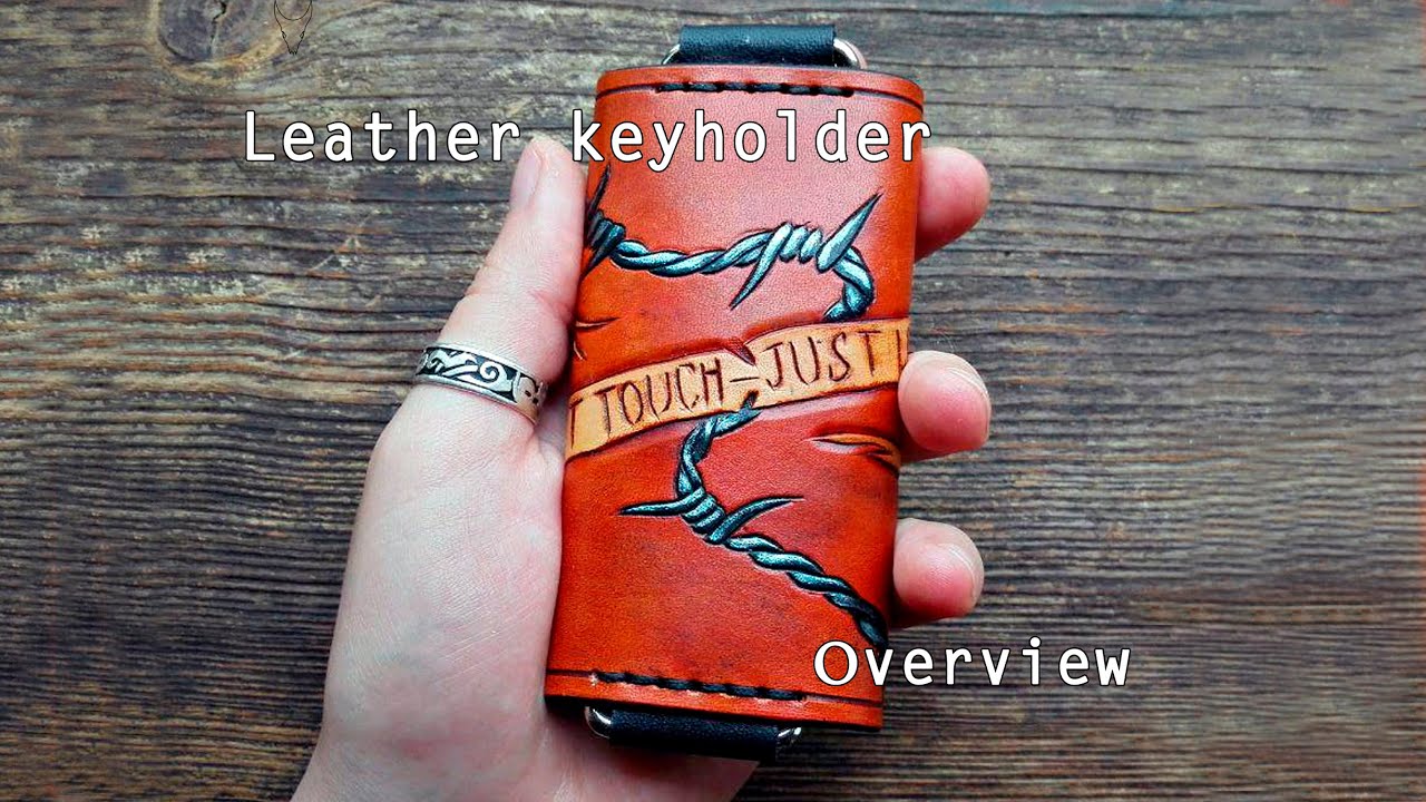 Leather key holder (key case) overview. Hand-tooled and carved acsessory in old school tattoo style