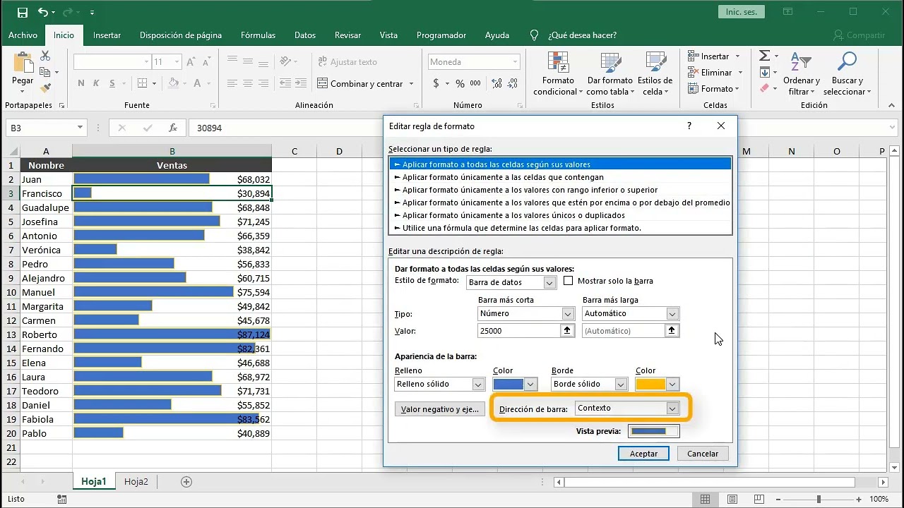 Formato condicional con barras de datos en Excel