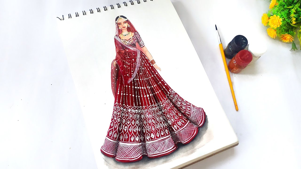 Bridal Lehenga illustration | how to draw heavy bridal lehenga | Asmita Art